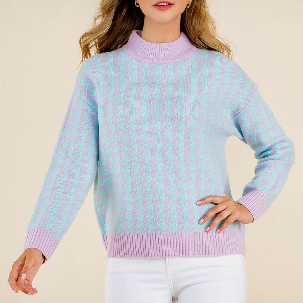 THML PINK AND AQUA HOUNDSTOOTH SWEATER, Size Small •LIKE NEW